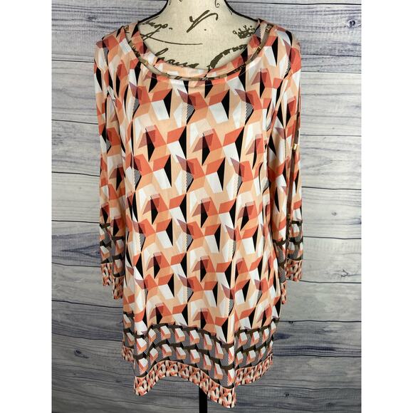 JM Collection Embellished Tunic Top Womens M Mosaic 3/4 Sleeves Scoop Neck - Picture 2 of 12